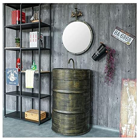 WASHLA Lavabo sur Pied en Fer forgé rétro, lavabo sur Colonne de Style Industriel, Bar KTV Rond Noir, lavabo avec Robinet et Miroir 90 x 58 x 45 cm/14287