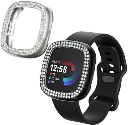 kwmobile 2X Kunststoff Hülle kompatibel mit Fitbit Versa 4 / Sense 2 Schutzhülle Schutzrahmen - Glitzer Schutz Zubehör in Schwarz Silber