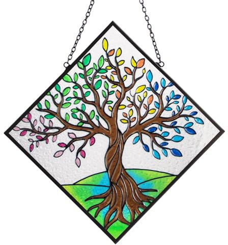 Tenture de fenêtre en vitrail, arbre de vie attrape-soleil pour décoration d'intérieur, panneaux de vitrail, décoration murale à suspendre pour la maison