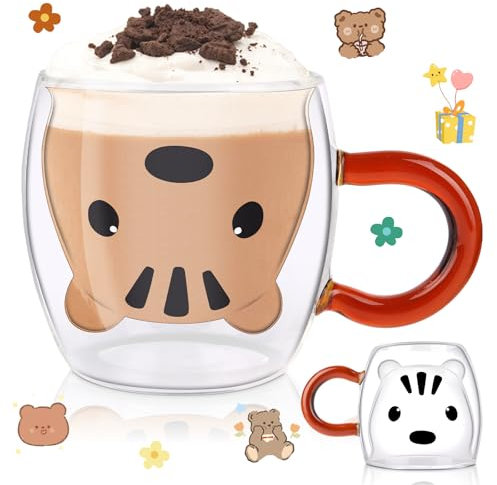 KEWUZY Doppelwandige Süße Latte Macchiato Gläser Kaffeetasse, Doppelwandige Isolierglas Espressotasse Becher Geburtstagsgeschenk, Kaffeeglas Teegläser, für Frauen Kinder (Kätzchen)