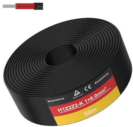 50m Solarkabel 6 mm² in Schwarz, PV kabel, Solar Anschlusskabel für Solarpanel, Solarkabel, Erdverlegbare, Einzelleitung, Doppelt isoliert, Halogenfrei, für Photovoltaik-Systeme