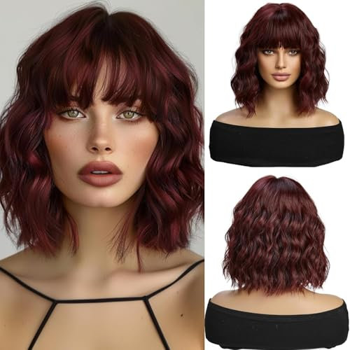 Esmee Short Wave Burgundy Bob Perücken mit Pony Schulterlänge Weinrot Perücke Curly Wavy Synthetic Cosplay Perücken für Frauen