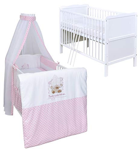 Generisch Baby Delux Babybett Komplett Set Kinderbett 60x120 cm umbaubar zum Juniorbett weiß 10-TLG Max Bettset Matratze Chiffonhimmel (Twinkle rosa)