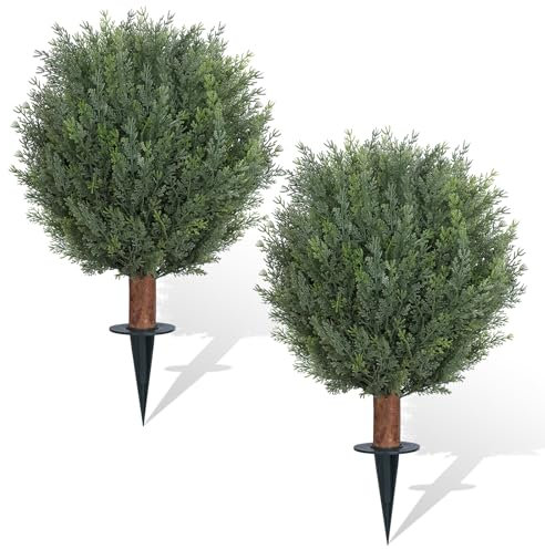 JOZHENJU Künstliche Zedernholz-Formschnitt-Kugelbäume mit Erdspieß, 2 Stück, 62,5 cm, UV-beständige Kunststräucher für Innen- und Außendekoration, gefälschte Zypresse, perfekt für Garten, Veranda und