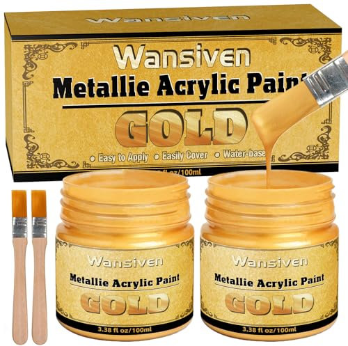 Wansiven Vernice Acrilica Oro Metallizzato, Riparatrice, Atossica e Non Sbiadisce per Arte, Pittura, Artigianato, Ideale per Tela, Legno, 100 ml (Oro-2pack)