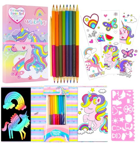 Kit de blocs de colorear de unicornio para niñas, libro de colorear de unicornio con 30 páginas para colorear, 10 papeles para rascar arcoíris, 16 lápices de colores para dibujar, pintar, kit de viaje