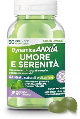 Dynamica ANXIA - Umore e Serenità | 60 gommose | 60 giorni sereni | Rilassamento e Benessere Mentale | Integratore per ansia | Gusto limone | Senza zucchero, glutine e lattosio | Adatto a vegani