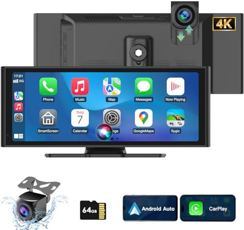 CarPlay Display 10,26 Zoll IPS Touchscreen, Android Auto Display mit 4K Dashcam und 1080P-Rückfahrkamera, Loop-Aufnahme, tragbares Autoradio mit Navigation, Mirror Link, 64G, TF/FM/AUX/Bluetooth