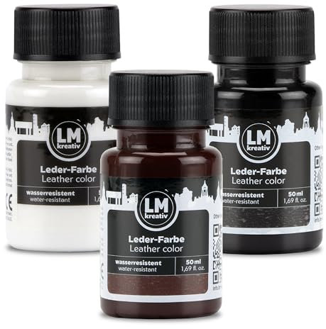 LM-Kreativ Lot de 3 teintures pour cuir - 50 ml - Noir, blanc, marron - Peinture de qualité supérieure pour l'entretien et la réparation du cuir - Pour baskets, chaussures et sacs - Pour surfaces en