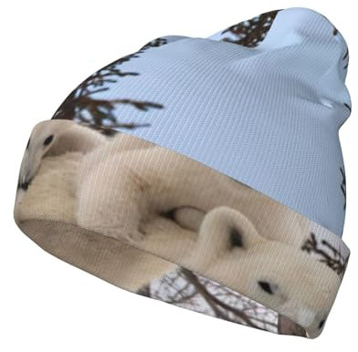 EdWal Strickmütze mit Eisbär-Aufdruck, warme Wintermütze für Damen und Herren, weiche Bündchen, Unisex, Schwarz, Schwarz , Einheitsgröße