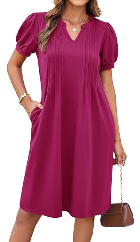 GRACE KARIN Casual Short Sleeves Summer Dress A-Line Henley Wedding Guest Dress Pocket Midi Prom Dress Rose red M