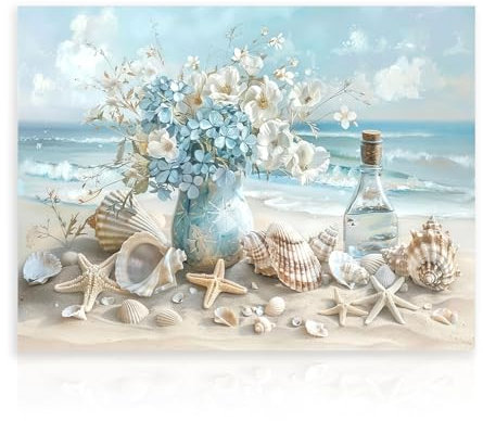Dazzlewall Strand-Badezimmer Leinwand-Wandkunst, Ozean-Blume Seestern Muschel Bild Wanddekoration für Schlafzimmer Wohnzimmer 12x16 Zoll ungerahmt