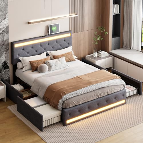 Polsterbett Doppelbett 180x200 cm, Stauraumbett mit 4 Schubladen, Bett 180x200 mit Bettkasten und Lattenrost, LED Kopfteil mit USB Ladestation, Jugendbett Funktionsbett Rückenlehne Bett, Leinen