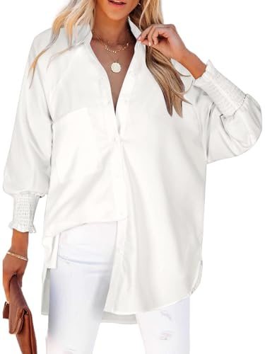 Cuptacc Bluse Damen Langarm Luftig Solid V-Kragen Knopf Button-Down Shirts Casual Geraffte Manschette Tuniken Quick Dry Casual Oberteile Weiß L
