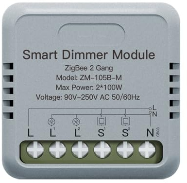 ZIGBEE, Triac Dimmer ZIGBEE, Phasenschnitt mit Knopf, 2 Kanäle für 2 Lichtpunkte, 2 x 100 W, App TUYA Smart Life, 40 x 40 x 18 mm, verwenden Sie 2 Push Switch als Umsteller