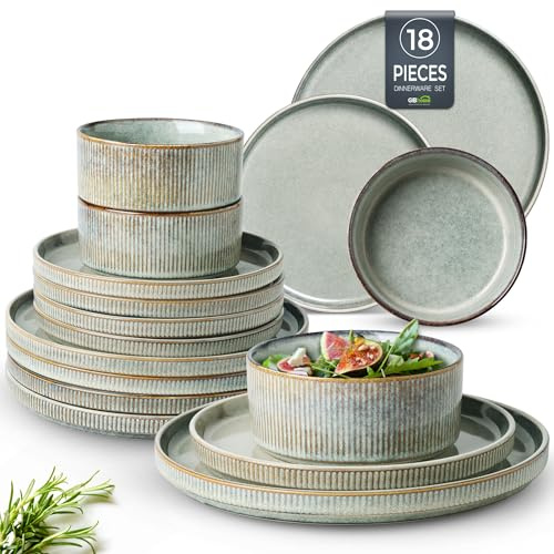 GBhome Stoneware Dinner Sets for 6 People, 18 Pieces Reactive Glaze Handcrafted Plates and Bowls Set, Scratch Resistant Dinnerware Set, Dishwasher & Microwave Safe Crockery Set, Sage