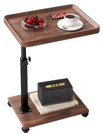 BouPower C Table End Table Adjustable Height, 360°Swivel TV Tray Tables for Small Spaces, That Slide Under Sofa with Wheels, Side Tables for Eating On Couch, Bedroom or Livingroom, Walnut