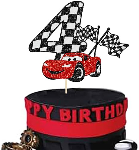 Gyufise 1Pc Race Car 4th Cake Topper Glitter 4th Racing Car Birthday Cake Topper Decoration for Racing Car Checkered Flag Themed Girl Boy 4 Years Birthday Party Supplies