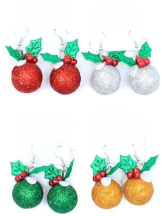 Christmas Pudding Shaped Dangle Earrings, 5.5 cm Drop Length, Holly Design, Glitter Ball, Red, Gold, Silver or Green, Novelty, Fancy Dress (Green)