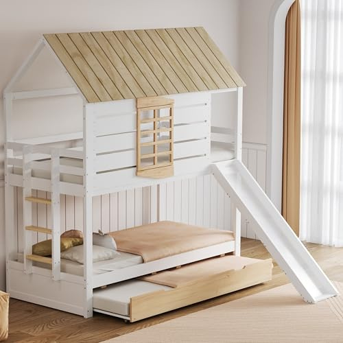 TOBIDOEN Etagenbett Hausbett 90x200 cm mit Ausziehbett, Hausform mit Fenster, Kinderbett mit kindgerechter Rutsche & Leiter für 2-3 Kinder, Kiefernholz+MDF, Ohne Matratze, Weiß+Natur