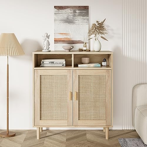 Koioplie Sideboard Rattan, 80x92x40 cm, Kommode Holz, Natur | 2 Schubladen, 2 offene Fächer, 2 Rattan Türen, massive Holzfüße, für Schlafzimmer Küche Bad