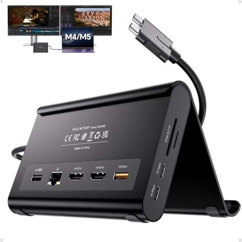 MacBook Docking Station Dual Monitor 4K@60 Hz per MacBook Pro/Air M3/M4/M5 | PULWTOP Docking Station USB C per laptop con 2 HDMI, PD, Ethernet, USB A/C 10 Gbps, Audio, SD/TF, USB 2.0-Nero