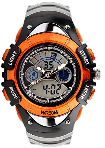TONSHEN Kinderuhr Multifunktional Outdoor Militär Sportuhr 50M Wasserdicht Analog Quarz LED Doppelte Zeit Digital Uhren Plastik Lünetten und Kautschuk Band (Orange)