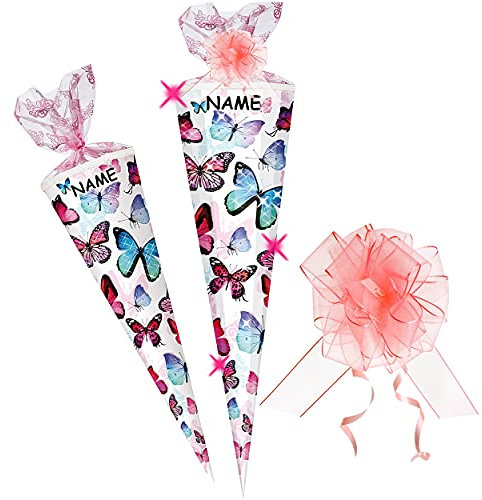 mit 3D Effekt - Glitzer ! - Schultüte - Schmetterling - bunt - 70 cm - rund - incl. Name und Schleife - Organza Tüllabschluß - Zuckertüte - Nestler - Schult..