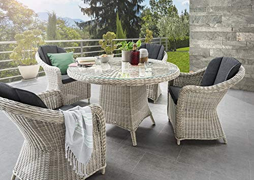 Beauty.Scouts Outdoor Collar Edition DEST Tisch Honey, Vintage weiß, 120 Ø x 76 cm, mit Glasplatte, Gartentisch, Balkontisch, Garten, Terrassentisch, Terrasse, Balkon