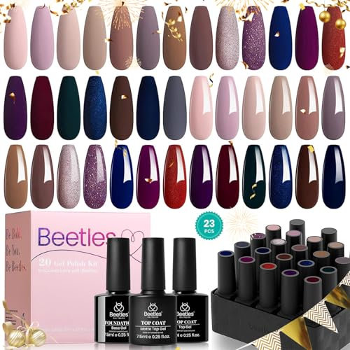 Beetles 23-teiliges Gel Nagellack Set, Nude Glitze Burgunderrot, Braun Champagner-Gold Herbst Gel-Lack mit glänzender und matter Überlack Basislac, Geschenke für Frauen alle Jahreszeiten