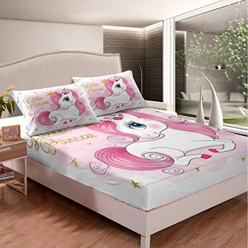 Einhorn Bettlaken Set Karikatur Verträumtes Pferd Spannbettlaken Mädchen 90x200cm Kinder Kleinkind Fantasie Einhorn Themed Spannbetttuch Rosa Princess Stil Bettdecke Raumdekor Mit 1 Kissenbezug
