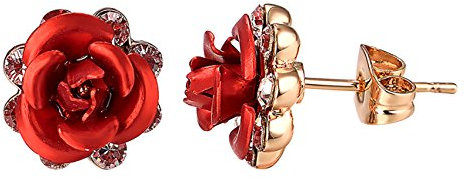 Vogem Red Rose Flower Stud Earrings for Women 18ct Rose Gold Plated Tiny Pierced Ears Earring Ladies Jewellery