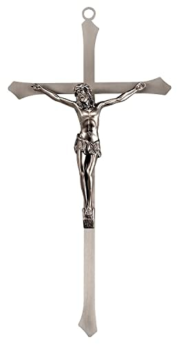 ACHIBANG Kruzifix aus Metall, Wandkreuz, modernes katholisches silberfarbenes Jesuskreuz zur Wanddekoration, christliches Symbol des Glaubens, 25,4 cm