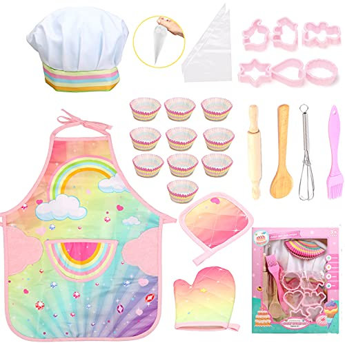 GIFTRRTOY - Juego de 26 piezas de disfraz de chef para niños, incluye delantal de arco iris, sombrero de chef, guante de cocina, utensilios, moldes para cupcakes para niños pequeños y niñas a partir