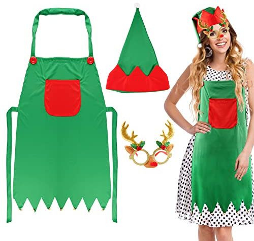 BETESSIN Faschingskostüme Weihnachtswichtel Kostüme Fasching Weihnachtself Kostüme Set, Weihnachtself Schürze + Elf Hut + Geweih Brille für Karneval Weihnachten Cosplay Kostümparty