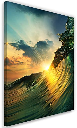 Feeby Vlies Leinwandbild Sonne Ozean Große Wellen Surfen 40x60 cm Wanddeko Design Kunstdruck Zimmerdeko Bilderwand Wasser Schwimmen Meer Orange