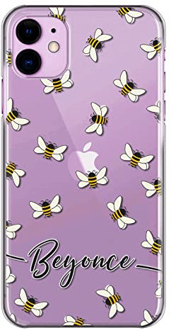 Personalised Phone Case For Apple iPhones, 14, 13, 12, 11, Pro Max, Mini, XR, XS, Bee Design Print with Black & White Name/Initials on Clear Case, Hard Cover