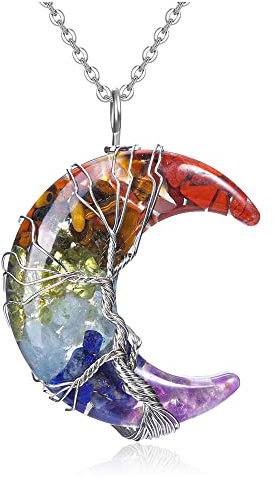 CrystalTears Chakra Crystal Moon Necklace for Women Natural Healing Crystal Gemstone Pendant Necklace Adjustable Quartz Crystal Stone Necklace Jewellery Gift for Women Christmas Birthday
