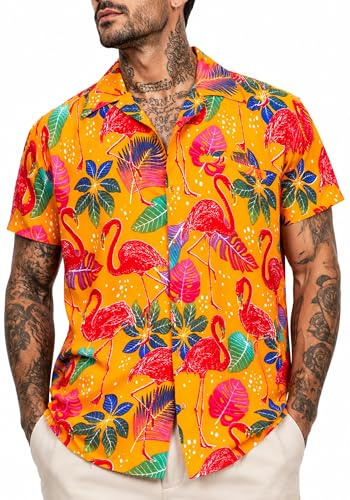 King Kameha Hawaii Hemd Männer - Tropisches Hawaiihemd Herren Kurzarm mit Flamingo-Print & Fronttasche, Ideal für Urlaub, Festival & Strand