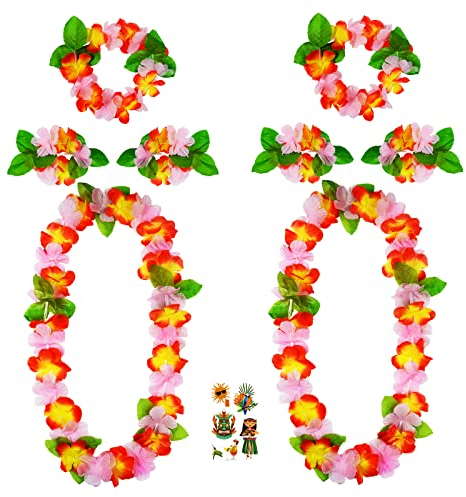 Hawaii Blumenkette Hawaii Kette Blumen Set und Hawaii Tätowierung Hawaii Leis Luau Flower Garlands für Hawaii Tropische Beach Luau Party Deko