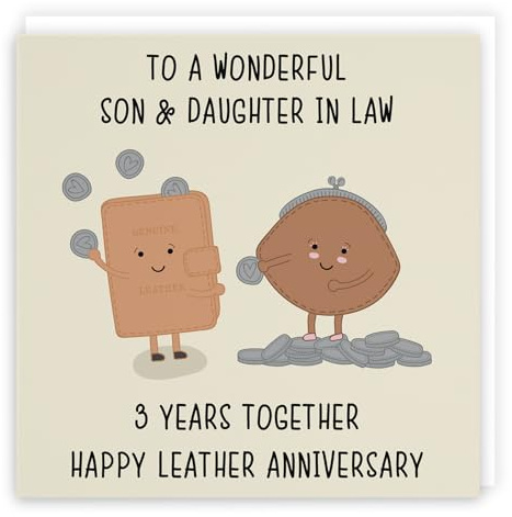 Hunts England - Large Son And Daughter In Law 3rd Anniversary Card - To A Wonderful Son & Daughter In Law - 3 Years Together - Happy Leather Anniversary - Iconic Collection - Large - 210 x 210 mm
