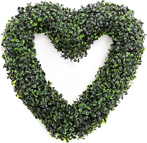 Best Artificial 40cm Green Boxwood Buxus Grass Topiary Hanging Heart Wreath - UV Stable