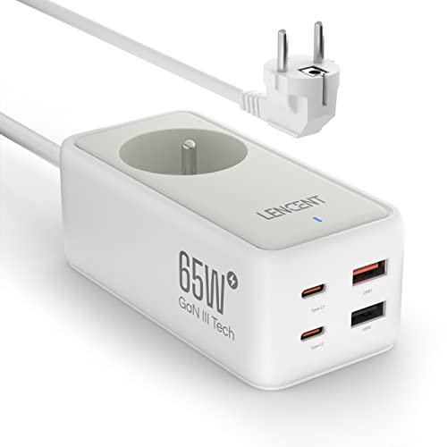 LENCENT Chargeur Rapide USB C et 65W, GAN III Tech avec 1 Prise Secteur + 4 Ports USB, Type C avec câble Convient pour Téléphones Portables Tablettes PC, Blanc
