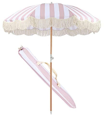 ALIXCE Rosa-Weiß Gestreifter Sonnenschirm 2M Retro Luxus Strand Schirm Mit Fransen, Polyester Schirmoberfläche, Verschleißfester Sonnenschutz, Romantische Küsten Innenhof Pool Beschattung