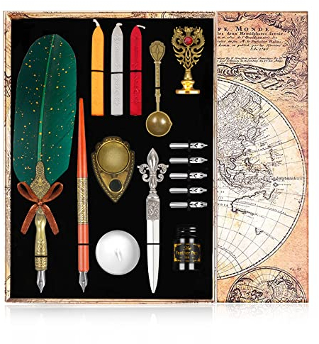 TIANREN Kalligraphie Feder Schreibfeder und Tinte Set, Feder Stift Tinte Set, Quill Stift und Holz Dip Stift, Tinte,5 Ersatzfedern Tips, Siegel Stempel, 2 in 1 Stifthalter,Wax, Löffel(Grün)