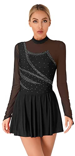 iEFiEL Damen Langarm Ballettkleid Eiskunstlauf Kleid mit Glitzer Kristallen Ballettkleidung Gymnastik Leotard Turnanzug Tanzkostüm Zf Schwarz XXL