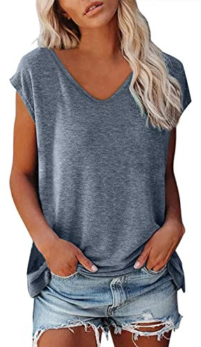 T-Shirt Damen Kurzarm - Frauen Cap Sleeve Sommer Casual Tops V-Ausschnitt Einfarbig Casual Shirts Loose Fit Bluse