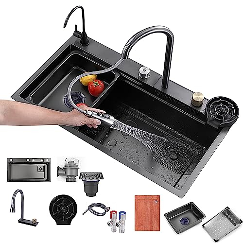 Single Bowl Küchenspüle, Wasserfall Spüle Waschbecken Küche Einbauspüle, Kitchen Sink Spülbecken Edelstahl Spüle Küchenwaschbecken Haushaltsspüle Set Integrierte Spüle Mit Cup Washer (Size : 80x45x21