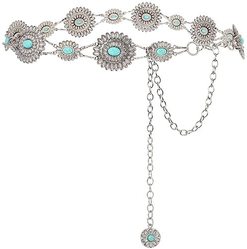 XZQTIVE Damen Boho Kettengürtel für Kleid Western Silber Concho Taillengürtel für Damen Einstellbare Metall Cowgirl Taillengürtel,Silber,M