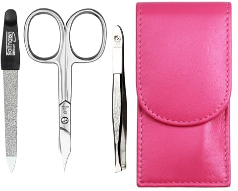 Sonnenschein by Hans Kniebes - Maniküre Set 3 teilig - Nagelschere, Nagelfeile und Pinzette - Taschenmaniküre Nagelpflegeset - Nappa-Lammleder Manicure Etui (Pink)